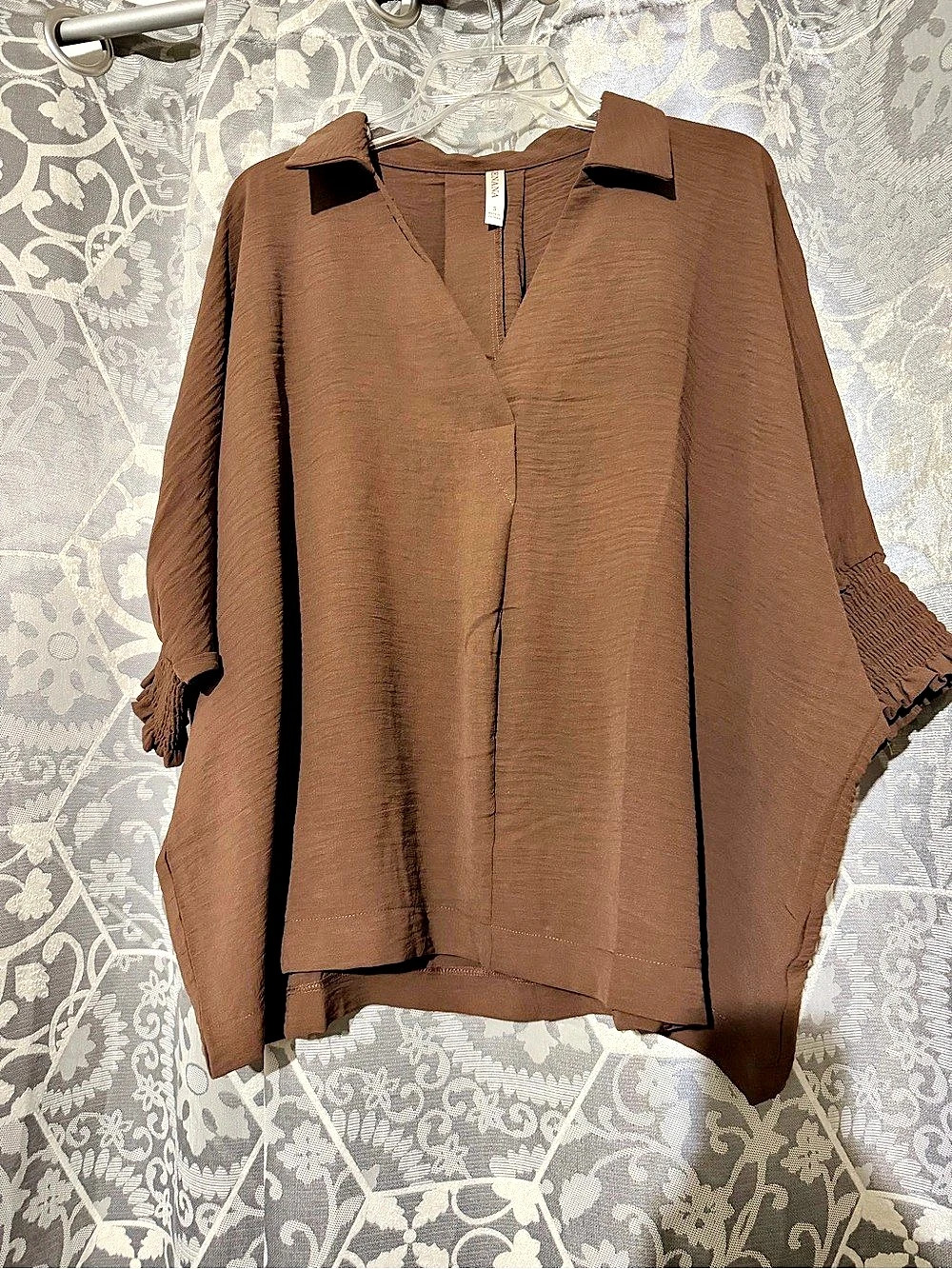 Zenana Brown Blouse with Smocked Cuffs